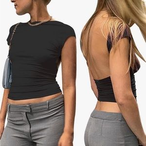 Sexy Backless Short Sleeve Slim Fit Crewneck Crop Summer Top Size Small